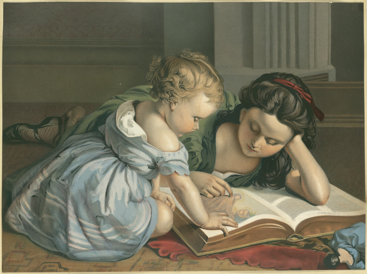 "The First Bible Lesson," a 19th-century print of two children reading the Bible. (File photo)