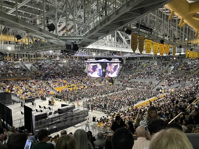 The inside of the Holmes Convocation Center at Appalachian State University, shown during a 2025 graduation. (File photo)