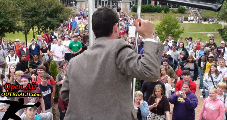 An open-air preacher addresses a crowd on a college campus in the United States. (File photo)