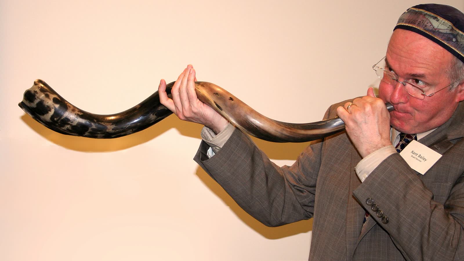 A shofar, the ram's-horn trumpet of Scripture, is sounded.